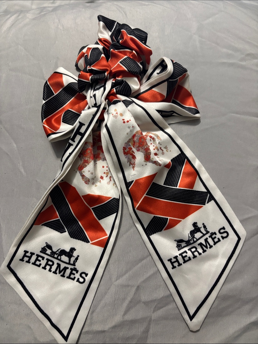Hermes Reversible Orange and White Silk Bow Scarf Accent